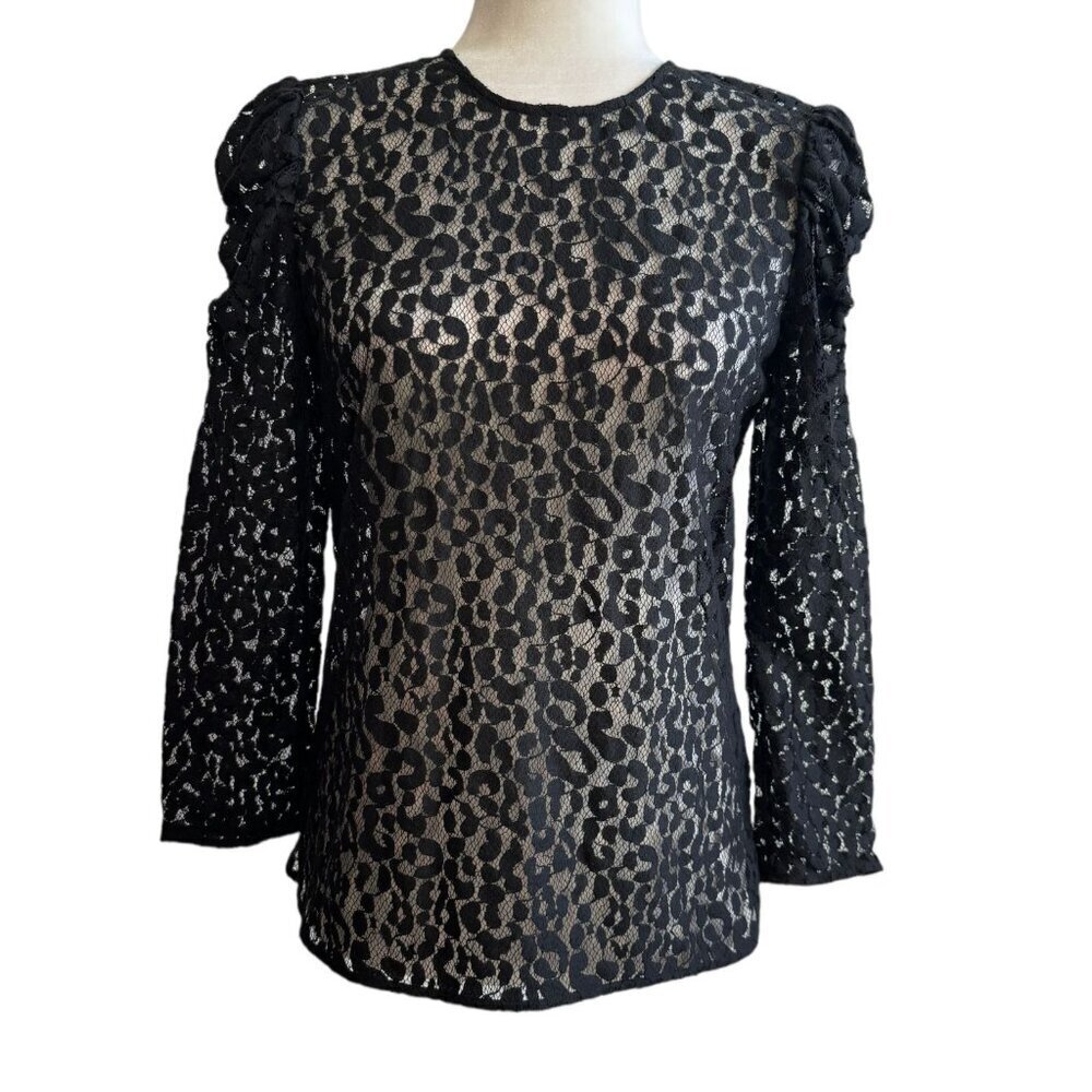 NEW Current/Elliott The Rin Top Black Leopard Lace Sheer LS Womens Sz 1 NWT $248